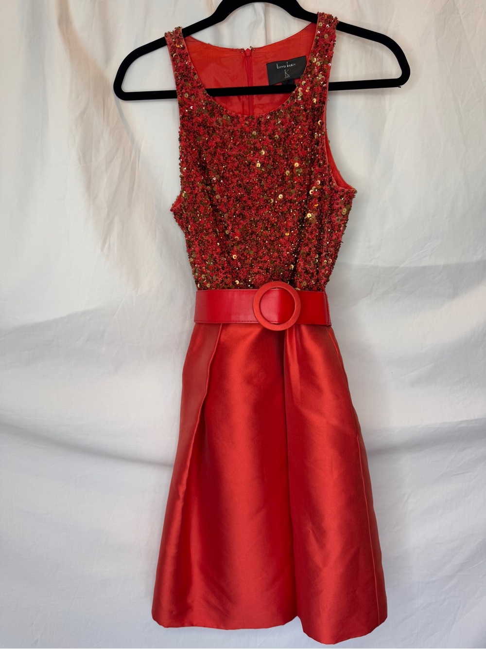 Lloyd Klein Silk Red with Gold Sequin Belted Y2K Dress